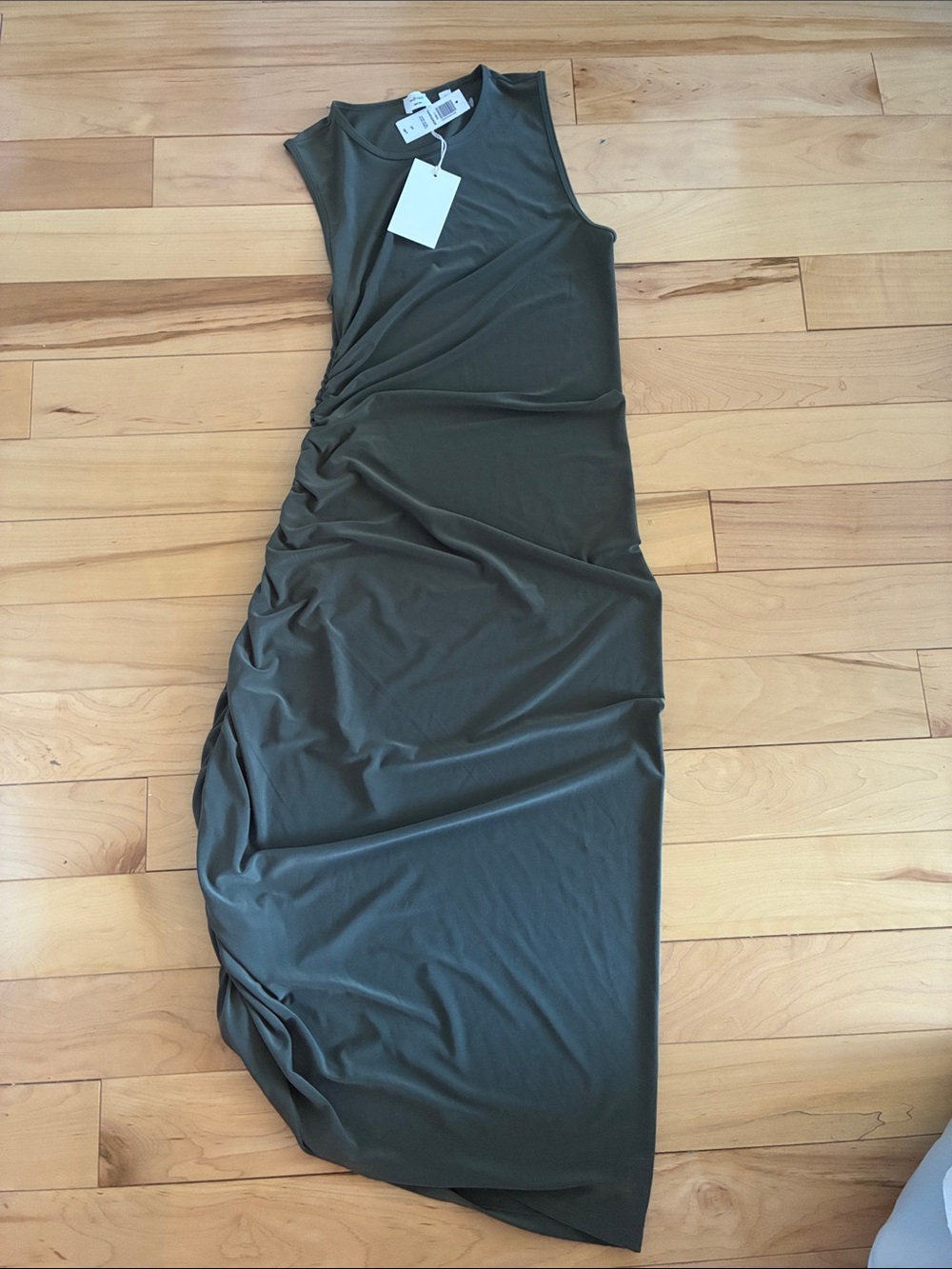 Wilfred Sleeveless Ruched Maxi Dress in Olive Green